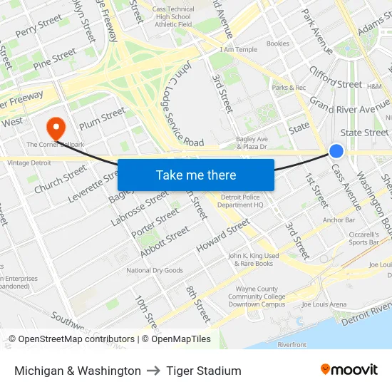 Michigan & Washington to Tiger Stadium map