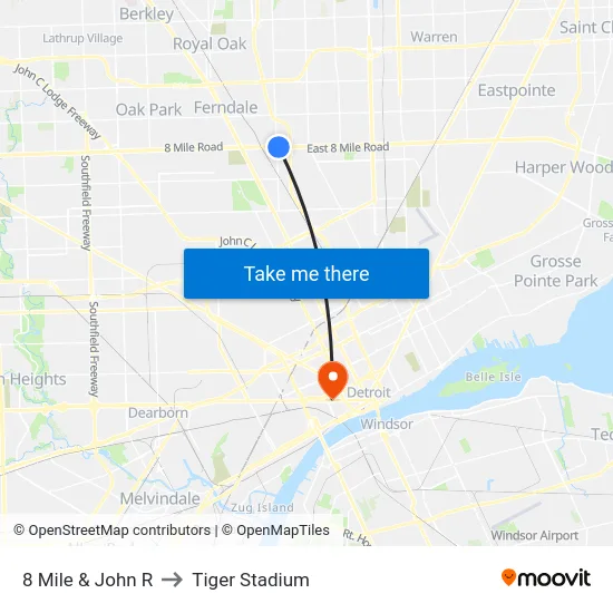8 Mile & John R to Tiger Stadium map