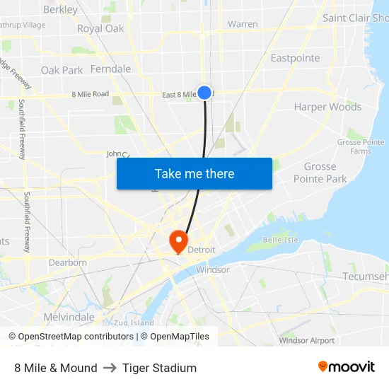 8 Mile & Mound to Tiger Stadium map