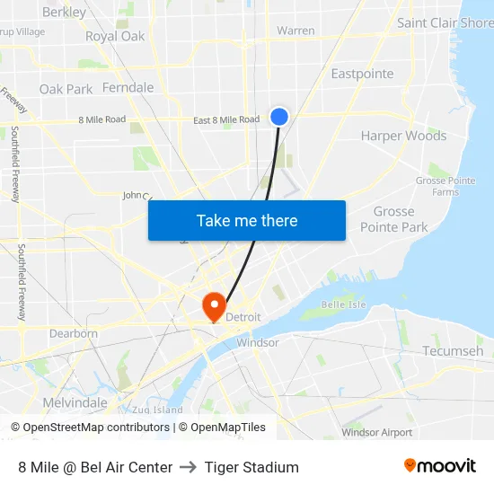 8 Mile @ Bel Air Center to Tiger Stadium map