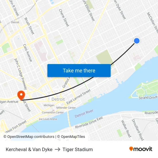 Kercheval & Van Dyke to Tiger Stadium map
