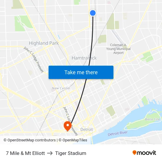 7 Mile & Mt Elliott to Tiger Stadium map
