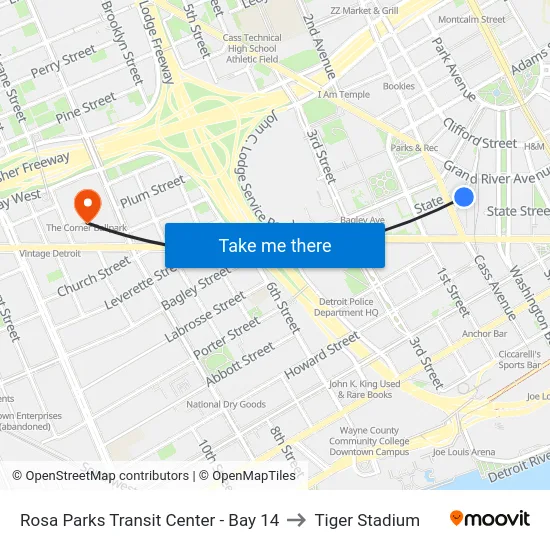 Rosa Parks Transit Center - Bay 14 to Tiger Stadium map