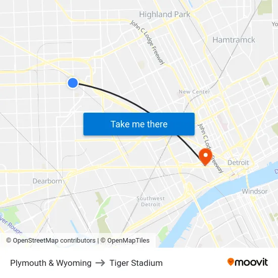 Plymouth & Wyoming to Tiger Stadium map