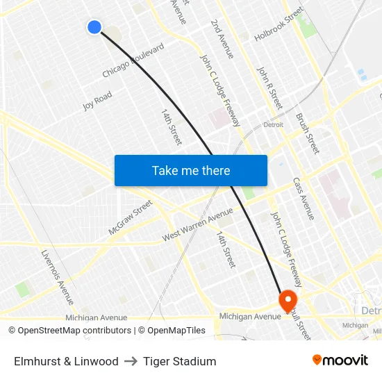 Elmhurst & Linwood to Tiger Stadium map