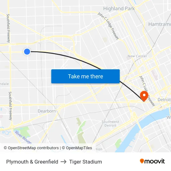 Plymouth & Greenfield to Tiger Stadium map