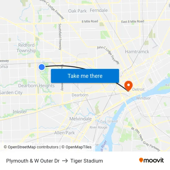 Plymouth & W Outer Dr to Tiger Stadium map