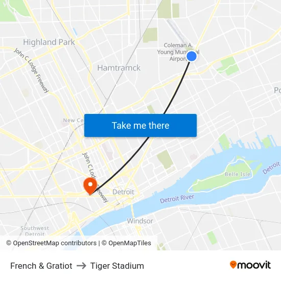 French & Gratiot to Tiger Stadium map