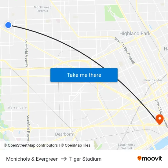 Mcnichols & Evergreen to Tiger Stadium map