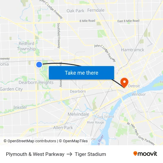 Plymouth & West Parkway to Tiger Stadium map