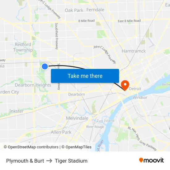 Plymouth & Burt to Tiger Stadium map
