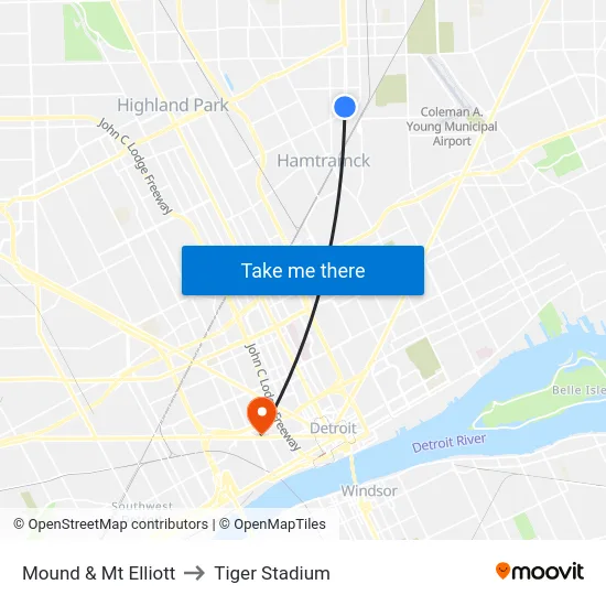 Mound & Mt Elliott to Tiger Stadium map