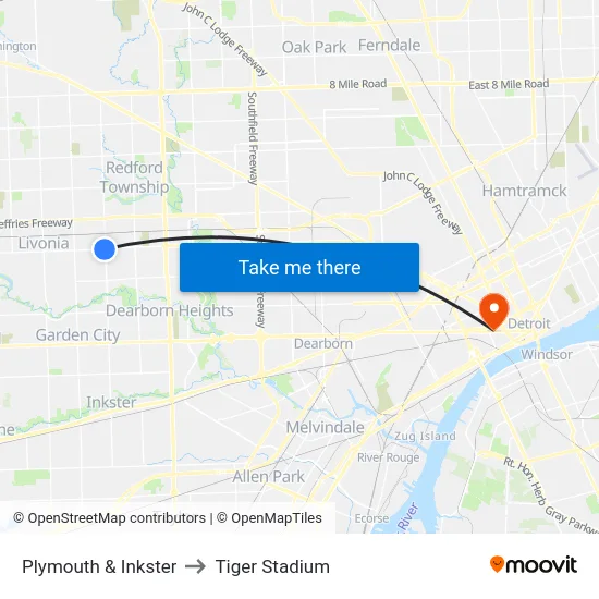 Plymouth & Inkster to Tiger Stadium map