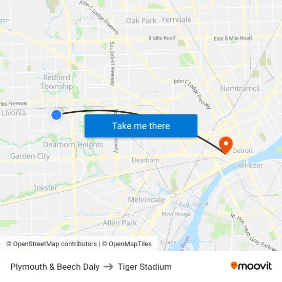 Plymouth & Beech Daly to Tiger Stadium map