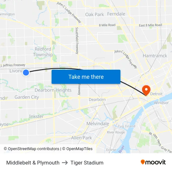 Middlebelt & Plymouth to Tiger Stadium map