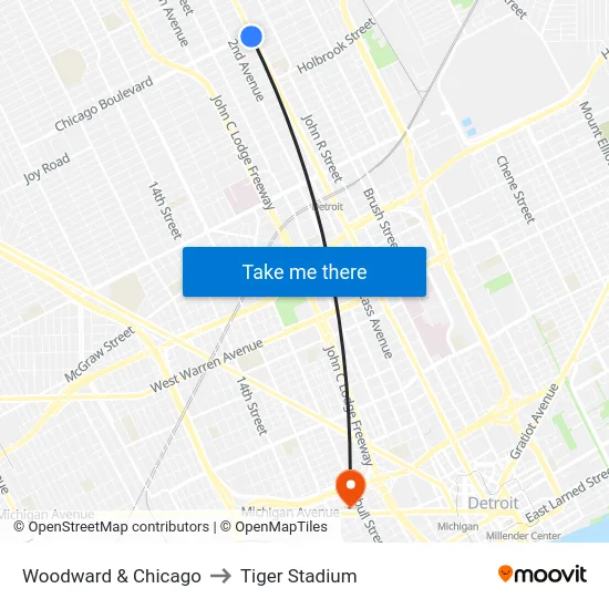 Woodward & Chicago to Tiger Stadium map