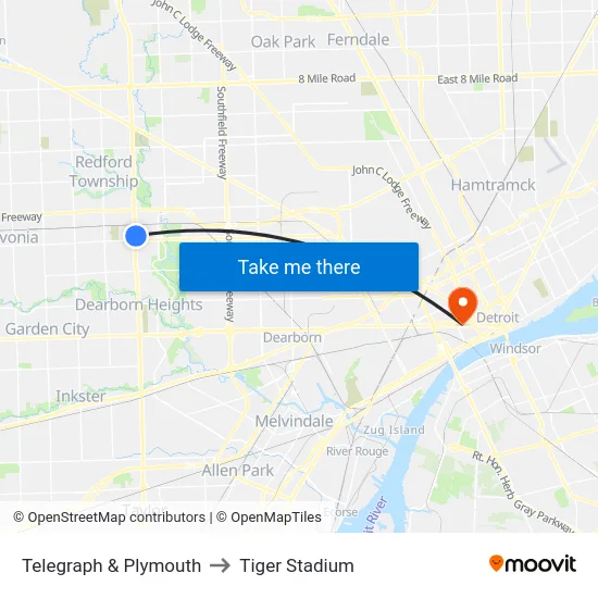 Telegraph & Plymouth to Tiger Stadium map
