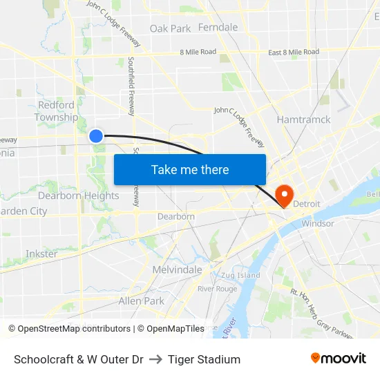 Schoolcraft & W Outer Dr to Tiger Stadium map