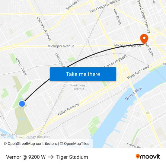 Vernor @ 9200 W to Tiger Stadium map