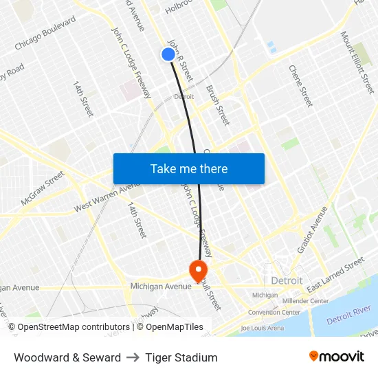 Woodward & Seward to Tiger Stadium map