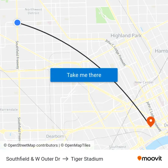 Southfield & W Outer Dr to Tiger Stadium map