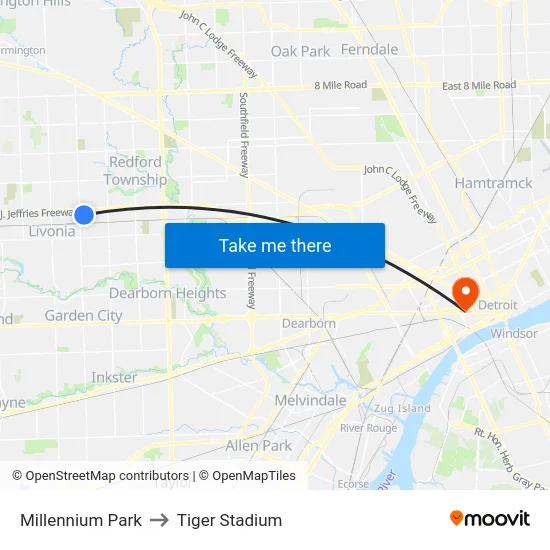 Millennium Park to Tiger Stadium map