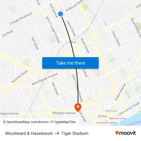 Woodward & Hazelwood to Tiger Stadium map