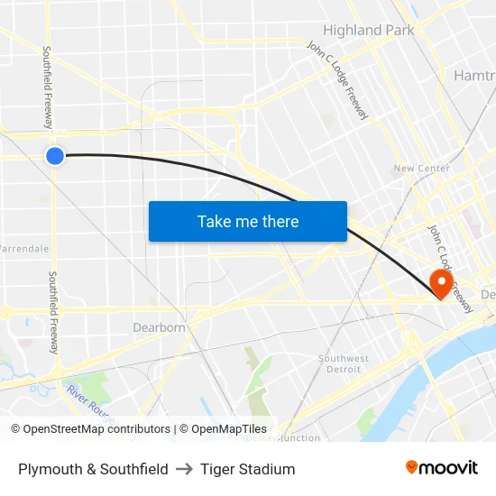 Plymouth & Southfield to Tiger Stadium map