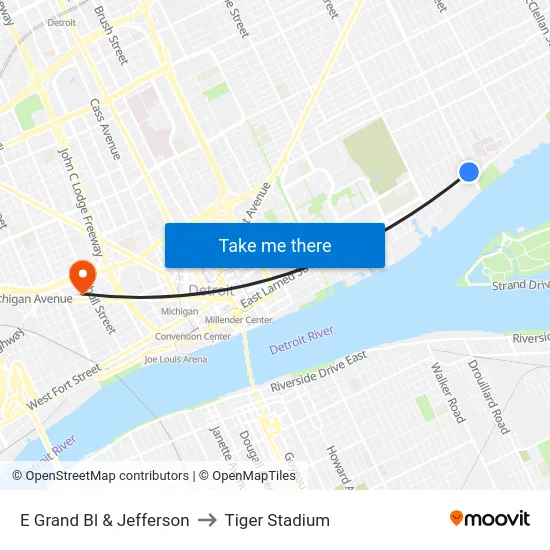E Grand Bl & Jefferson to Tiger Stadium map