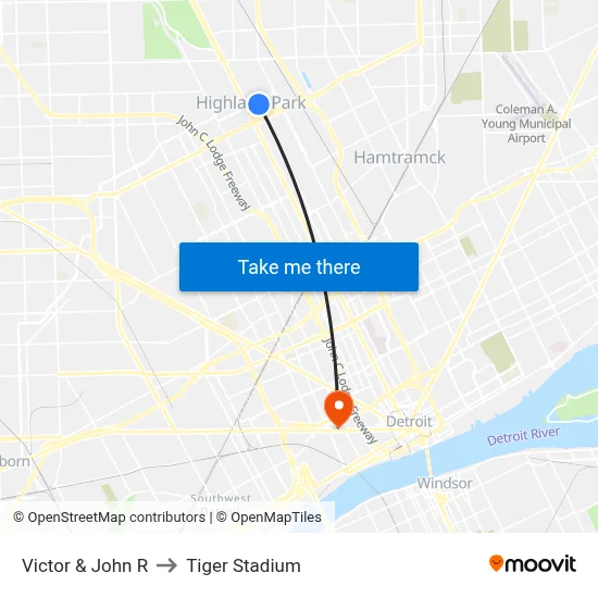 Victor & John R to Tiger Stadium map