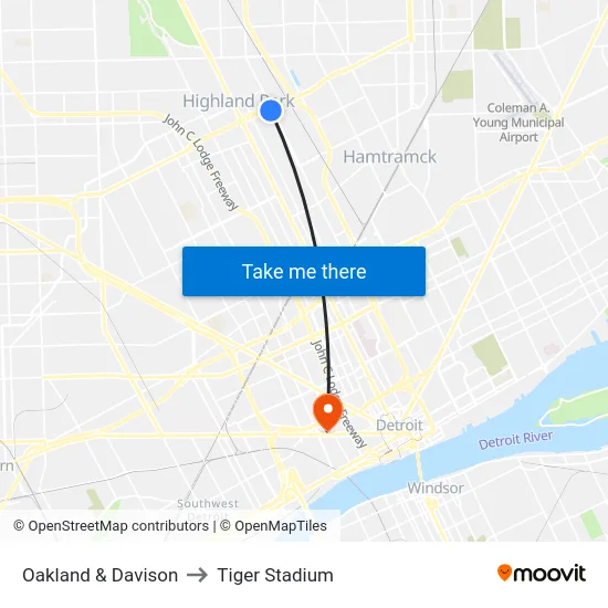 Oakland & Davison to Tiger Stadium map