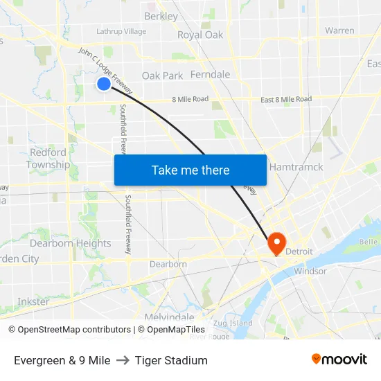 Evergreen & 9 Mile to Tiger Stadium map