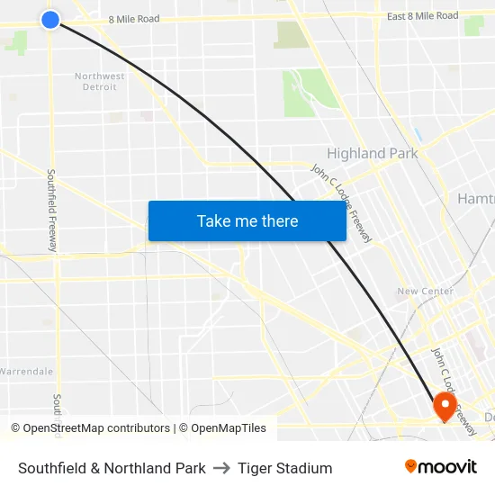 Southfield & Northland Park to Tiger Stadium map