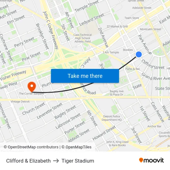Clifford & Elizabeth to Tiger Stadium map