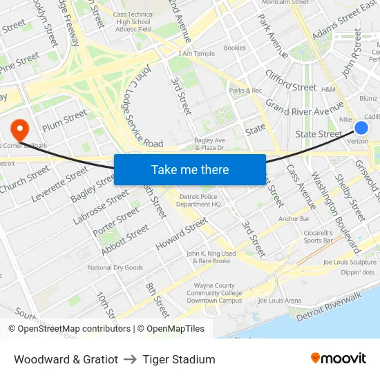 Woodward & Gratiot to Tiger Stadium map