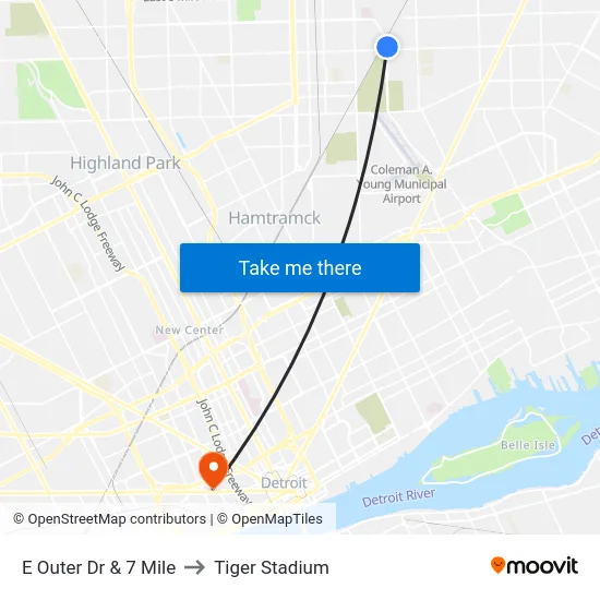 E Outer Dr & 7 Mile to Tiger Stadium map