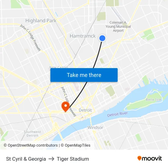 St Cyril & Georgia to Tiger Stadium map