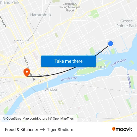 Freud & Kitchener to Tiger Stadium map