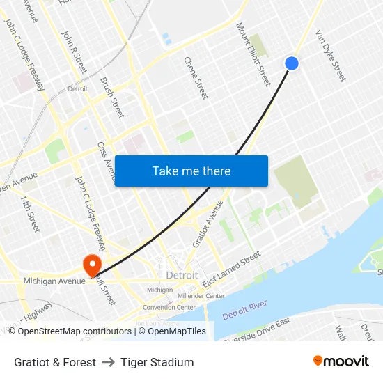 Gratiot & Forest to Tiger Stadium map