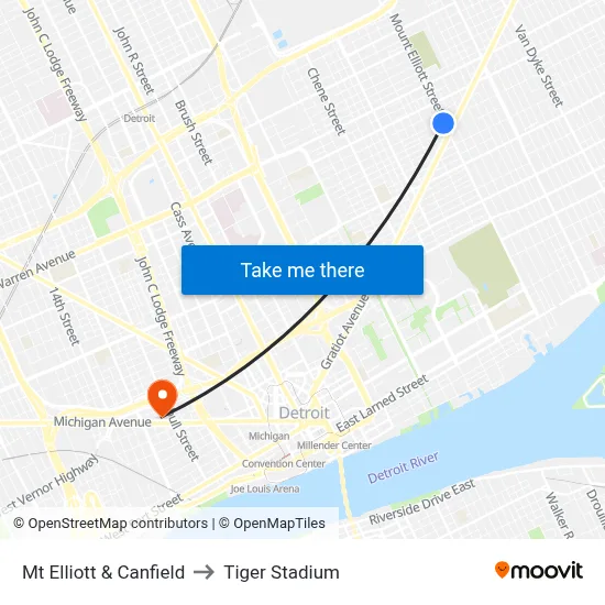 Mt Elliott & Canfield to Tiger Stadium map