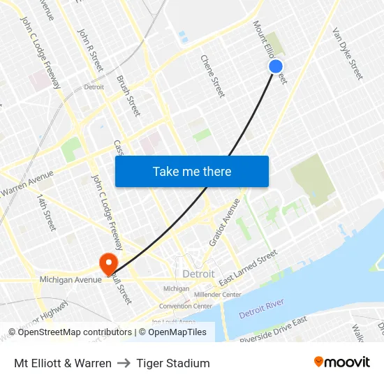 Mt Elliott & Warren to Tiger Stadium map