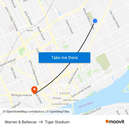 Warren & Bellevue to Tiger Stadium map
