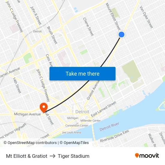 Mt Elliott & Gratiot to Tiger Stadium map
