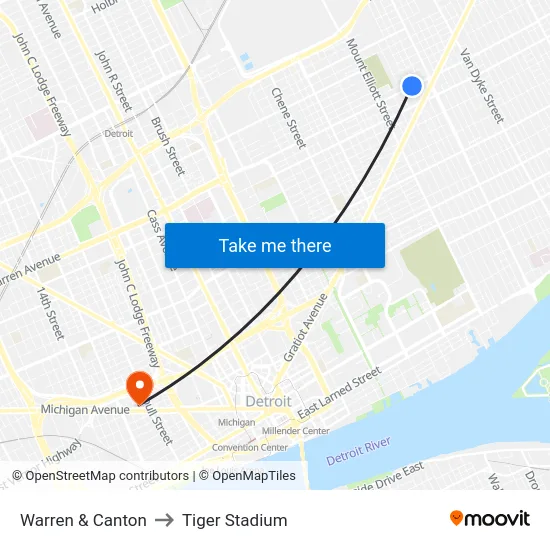 Warren & Canton to Tiger Stadium map