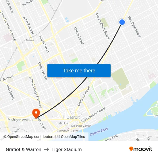 Gratiot & Warren to Tiger Stadium map