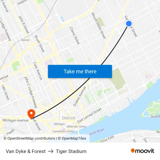 Van Dyke & Forest to Tiger Stadium map