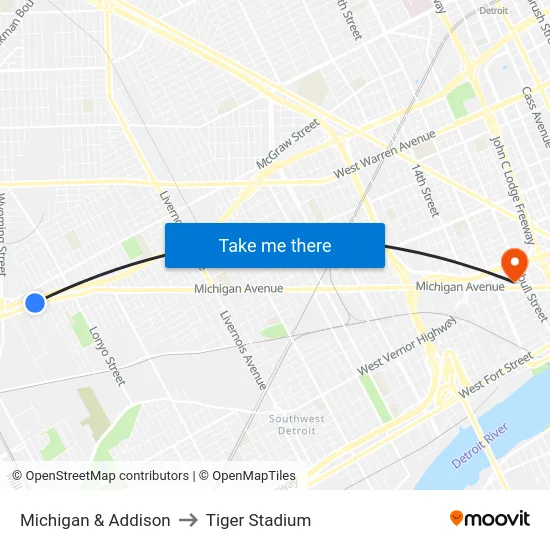 Michigan & Addison to Tiger Stadium map