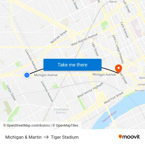 Michigan & Martin to Tiger Stadium map