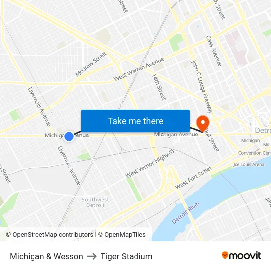 Michigan & Wesson to Tiger Stadium map