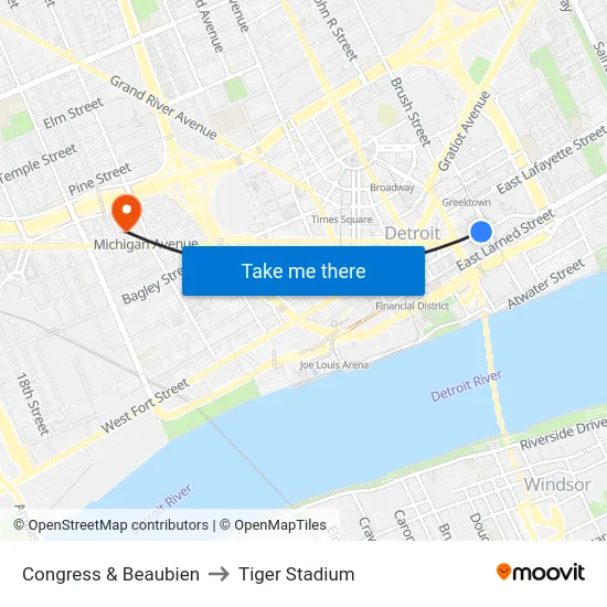 Congress & Beaubien to Tiger Stadium map